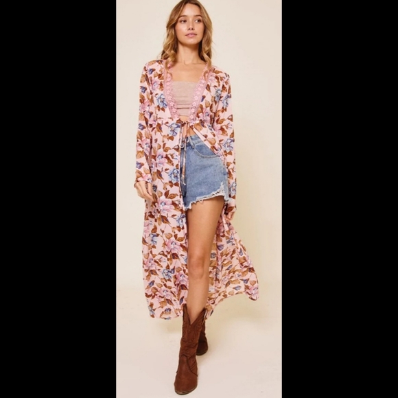 Lovely pink floral boho long midi length lace trim self tie kimono jacket coat - Picture 5 of 13